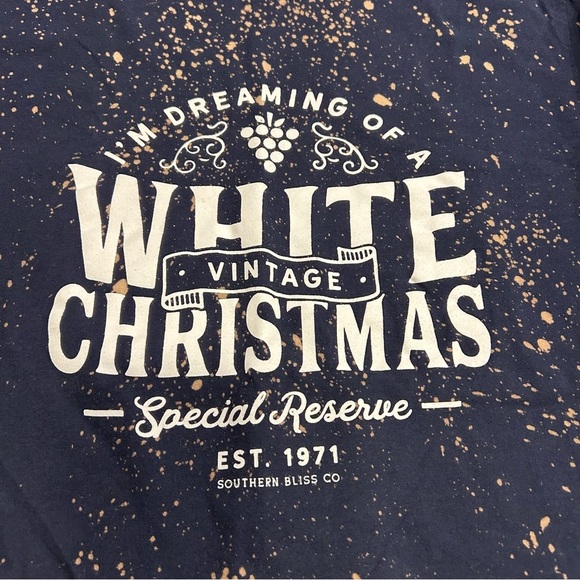 Navy Blue Bleach Splatter Long Sleeve Tee with Festive Design, size medium, NWOT - Picture 2 of 3